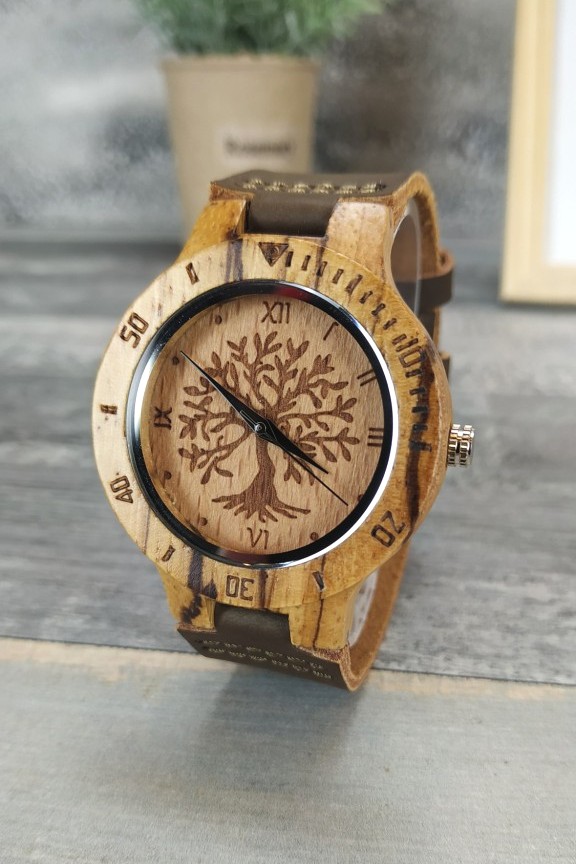 ξύλινο-ρολόι-χειρός-γυναικείο-καφέ-λουράκι-δέντρο