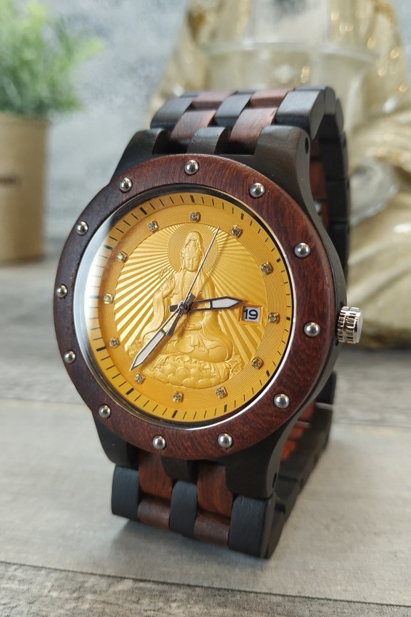 ξύλινο-ρολόι-καφέ-μαύρο-μπρασελέ-χρυσό-βούδας