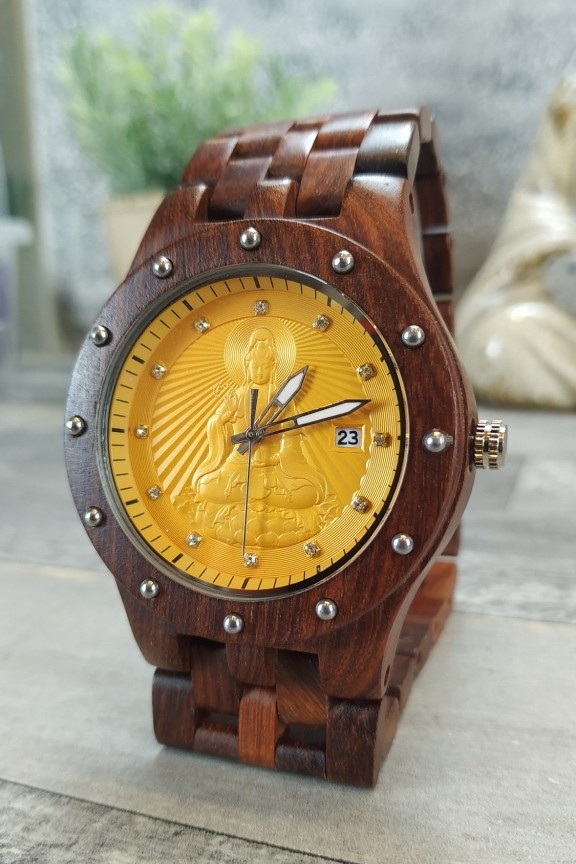 ξύλινο-ρολόι-καφέ-μπρασελέ-χρυσό-βούδας