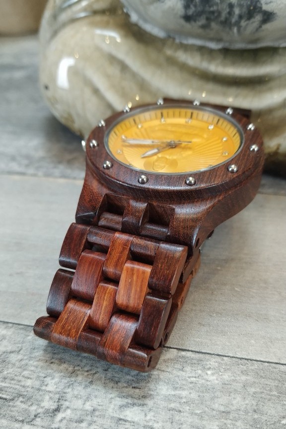 ξύλινο-ρολόι-καφέ-μπρασελέ-χρυσό-βούδας