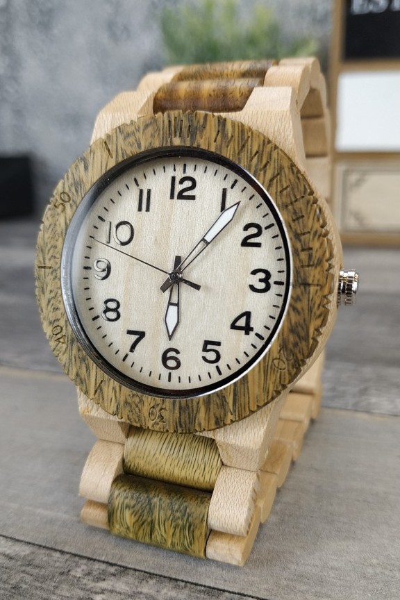 ξύλινο-ρολόι-χειρός-μπρασελέ-φυσικό-πράσινο