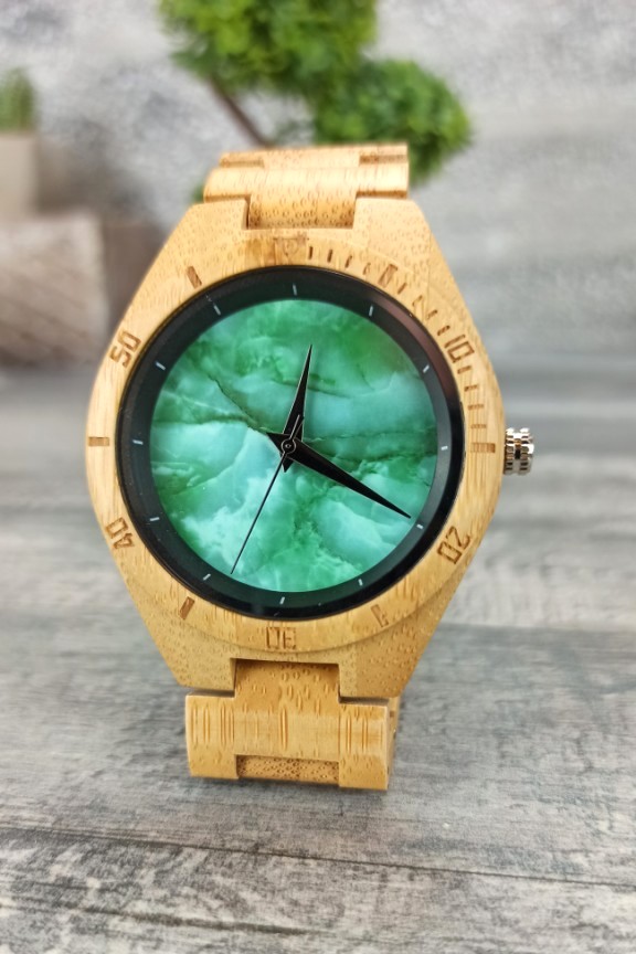 ξύλινο-ρολόι-μπρασελέ-φυσικό-πράσινο