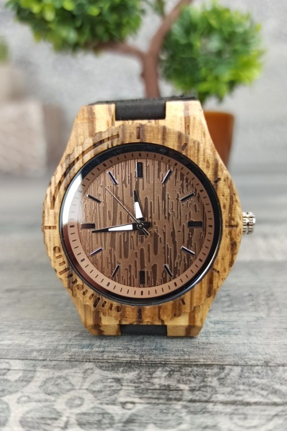 ξύλινο-ρολόι-καφέ-μαύρο-λουράκι