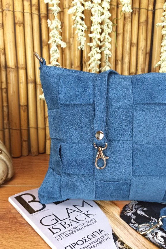 δερμάτινη-τσάντα-καστόρι-πλεκτή-μπλε