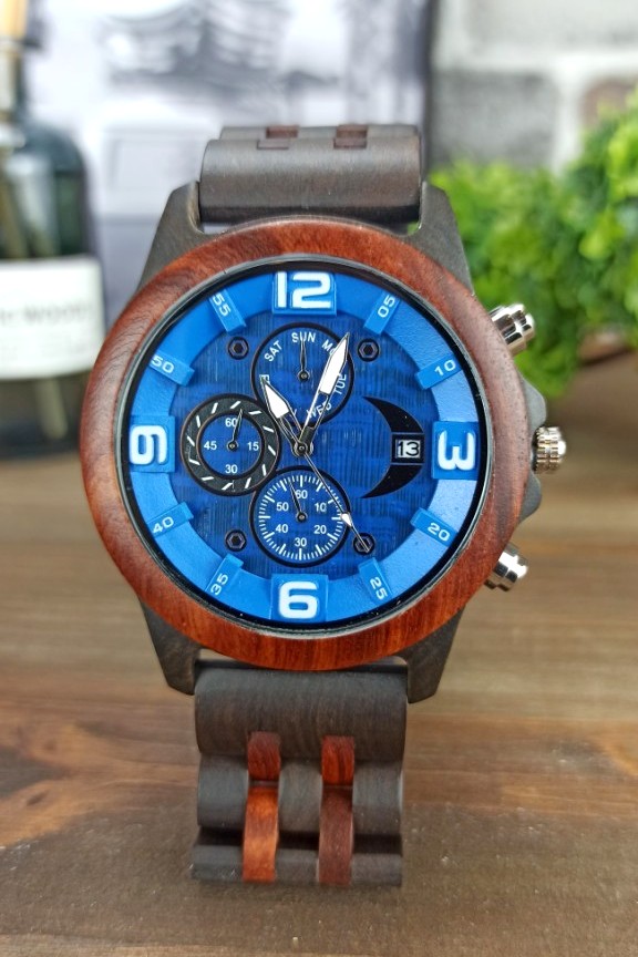 ξύλινο-ρολόι-μπλε-μπρασελέ-κερασιά-έβενος
