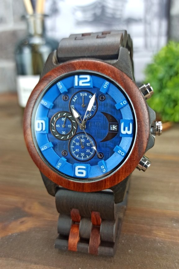ξύλινο-ρολόι-μπλε-μπρασελέ-κερασιά-έβενος