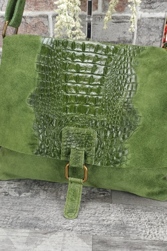 τσάντα-δέρμα-καστόρι-κροκό-πράσινη