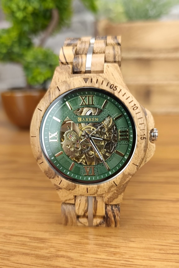 ξύλινο-ρολόι-αυτόματο-ζεμπράνο-πράσινο-καντράν
