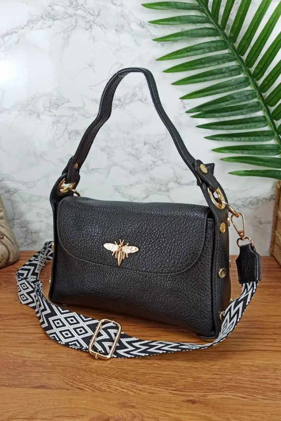 τσάντα-μέλισσα-υφασμάτινο-λουράκι-μαύρη