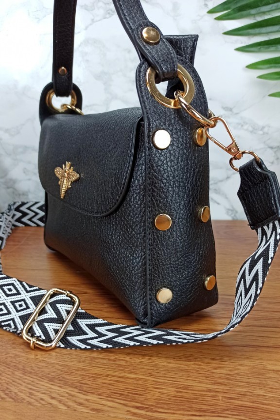 τσάντα-μέλισσα-υφασμάτινο-λουράκι-μαύρη