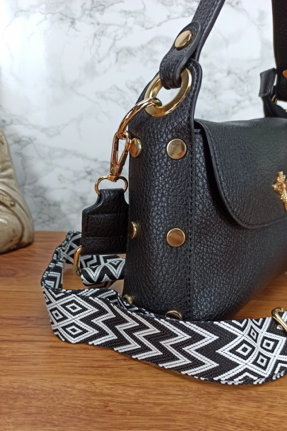 τσάντα-μέλισσα-υφασμάτινο-λουράκι-μαύρη