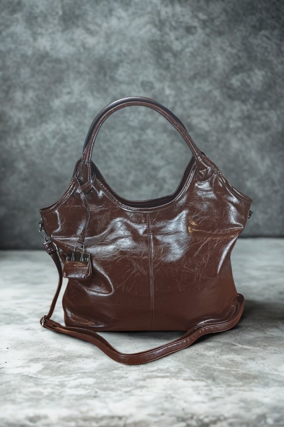 τσάντα-ώμου-λουστρίνι-καφέ-σκούρο-μπρελοκ