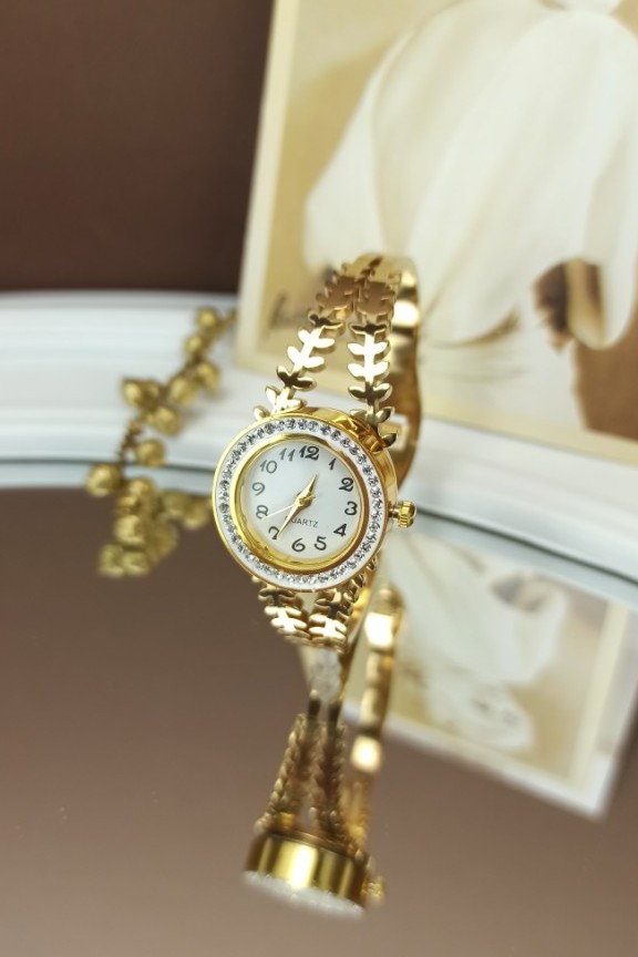 ρολόι-βραχιόλι-ατσάλινο-φύλλα-χρυσό