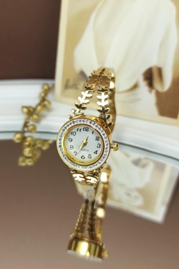 ρολόι-βραχιόλι-ατσάλινο-φύλλα-χρυσό