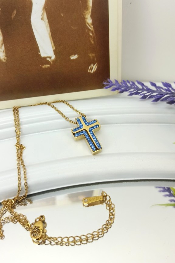κολιέ-σταυρός-ζιρκόν-χρυσό-γαλάζιο