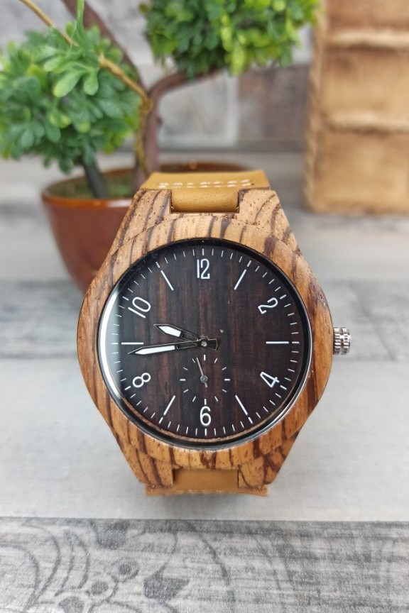 ξύλινο-ρολόι-καρυδιά-ζεμπράνο-μπεζ-λουράκι